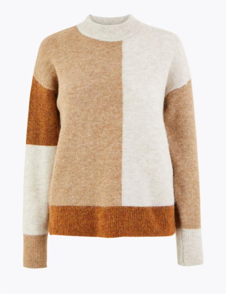 Marks & Spencer Colour Block Turtle Neck Jumper Camel Mix