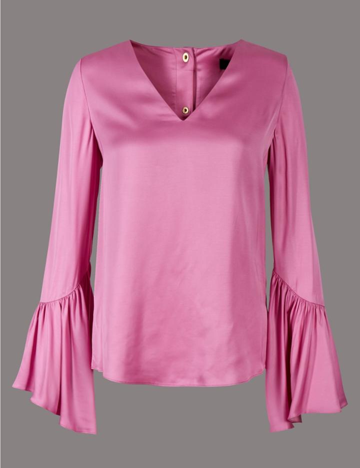 Marks & Spencer Satin Flared Cuff V-neck Shell Top Pale Pink
