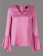 Marks & Spencer Satin Flared Cuff V-neck Shell Top Pale Pink