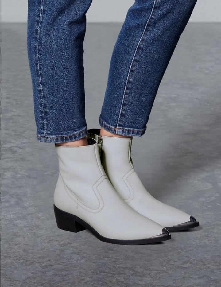 Marks & Spencer Leather Block Heel Metal Toe Ankle Boots Stone