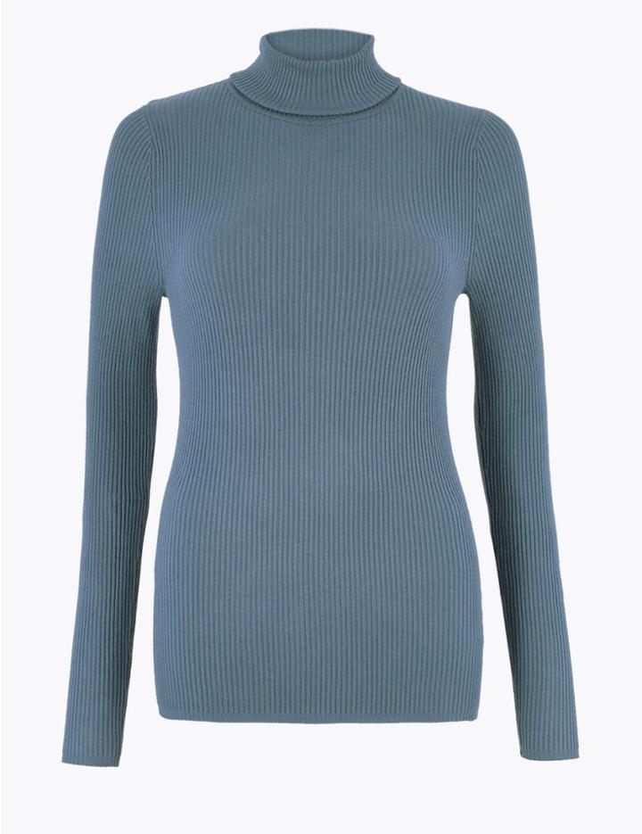 Marks & Spencer Ribbed Polo Neck Jumper Slate Blue