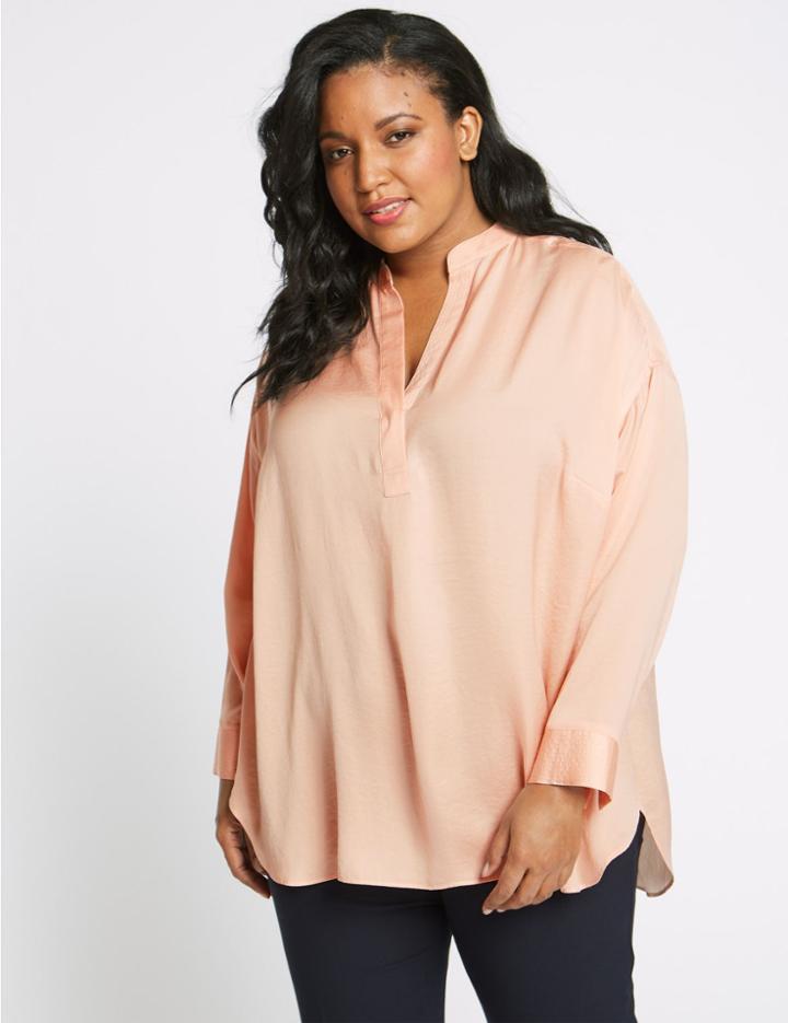 Marks & Spencer Curve Satin Notch Neck Long Sleeve Blouse Pink