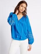 Marks & Spencer Pure Cotton Embroidered Sleeve Blouse Bright Blue
