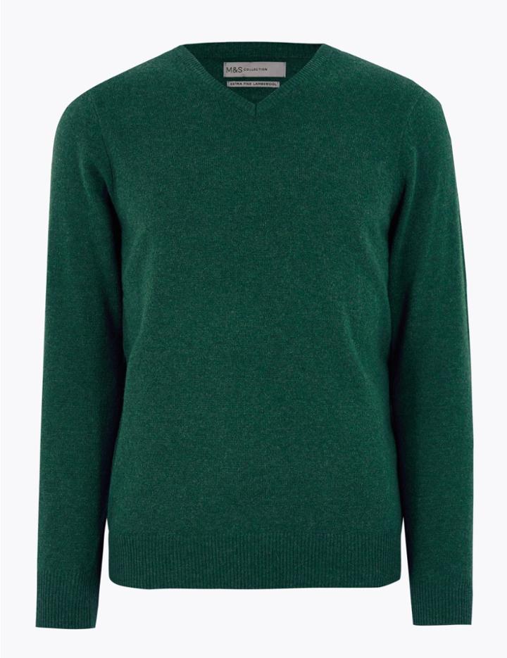 Marks & Spencer Extra Fine Lambswool V-neck Jumper Green