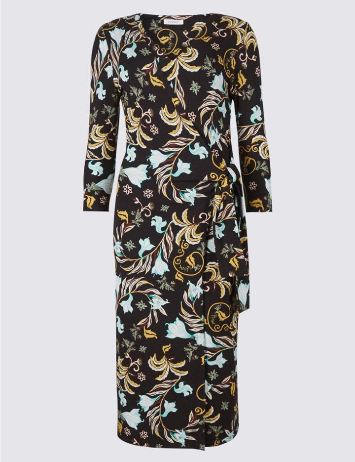 Marks & Spencer Printed Knot Front Bodycon Midi Dress Black Mix