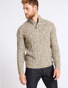 Marks & Spencer Textured Zip Neck Jumper With Wool Neutral