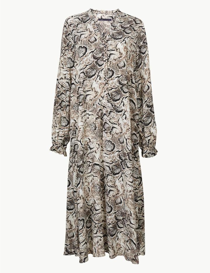 Marks & Spencer Animal Print Long Sleeve Relaxed Midi Dress Natural Mix