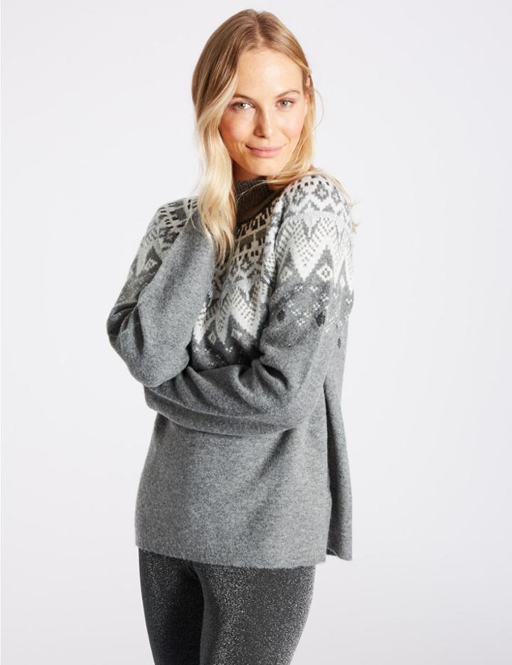Marks & Spencer Fairisle Print Turtle Neck Jumper Charcoal Mix