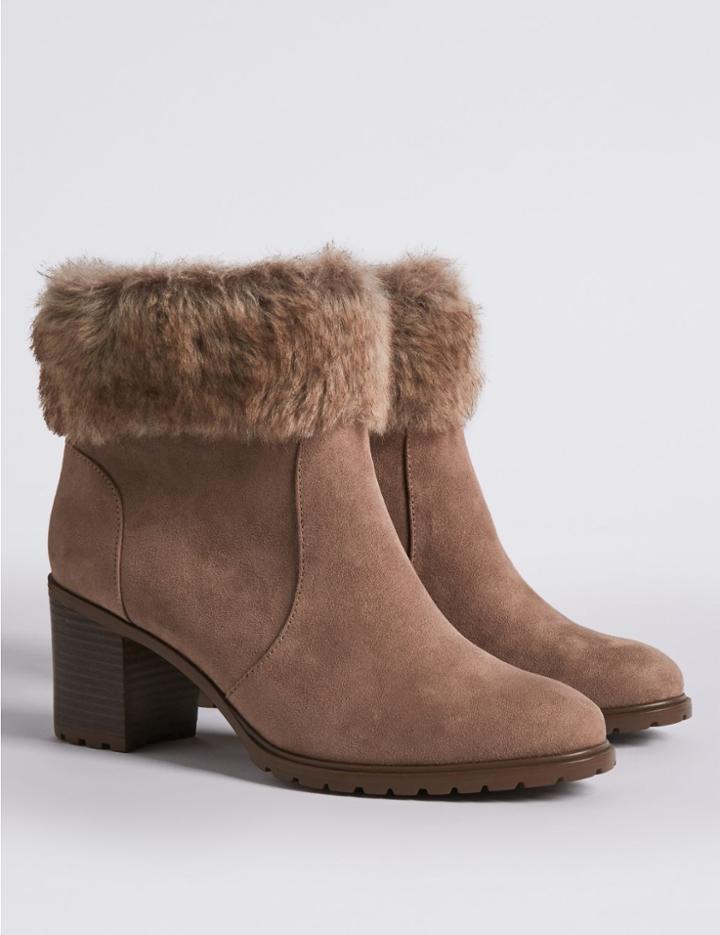 Marks & Spencer Wide Fit Block Heel Side Zip Ankle Boots Mink