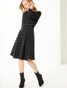 Marks & Spencer Petite Checked Long Sleeve Skater Dress Black Mix