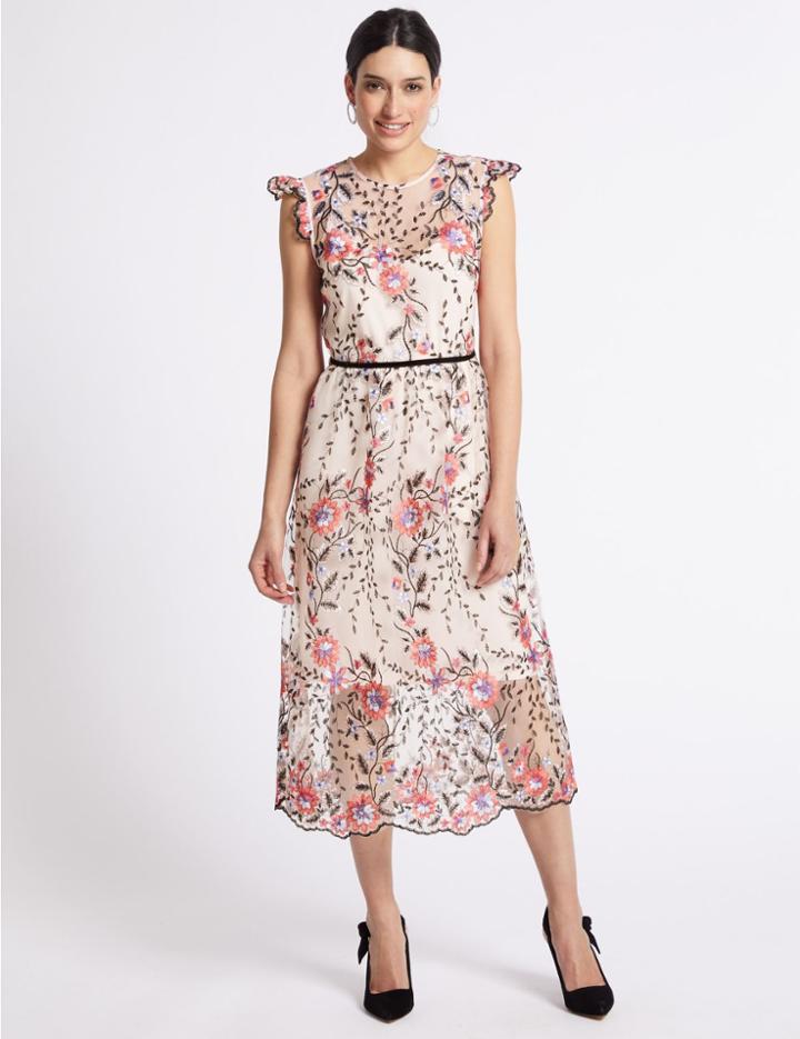 Marks & Spencer Multi Mesh Embroidered Tea Midi Dress Multi