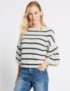 Marks & Spencer Cotton Rich Striped Flared Sleeve Jumper Cream Mix