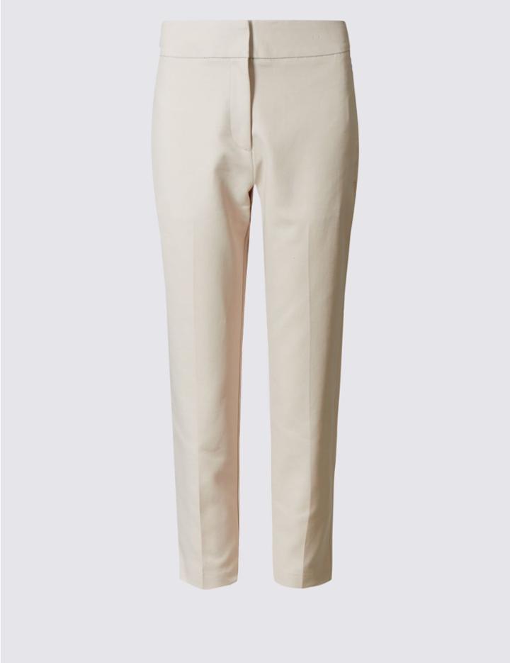 Marks & Spencer Petite Cotton Rich Slim Leg Trousers Stone