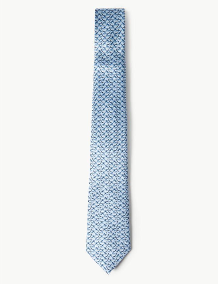 Marks & Spencer Pure Silk Shark Print Tie Blue Mix