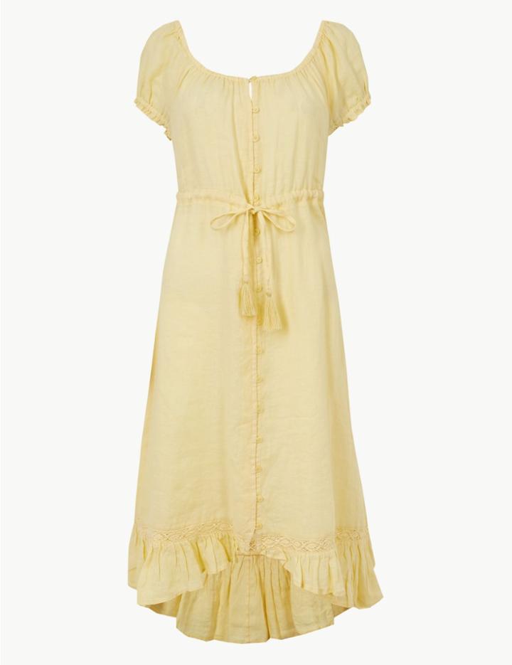 Marks & Spencer Petite Pure Linen Midi Waisted Dress Soft Yellow