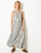 Marks & Spencer Cotton Blend Checked Relaxed Maxi Dress Ivory Mix
