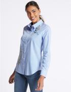 Marks & Spencer Cotton Rich Striped Floral Embroidered Shirt Blue Mix