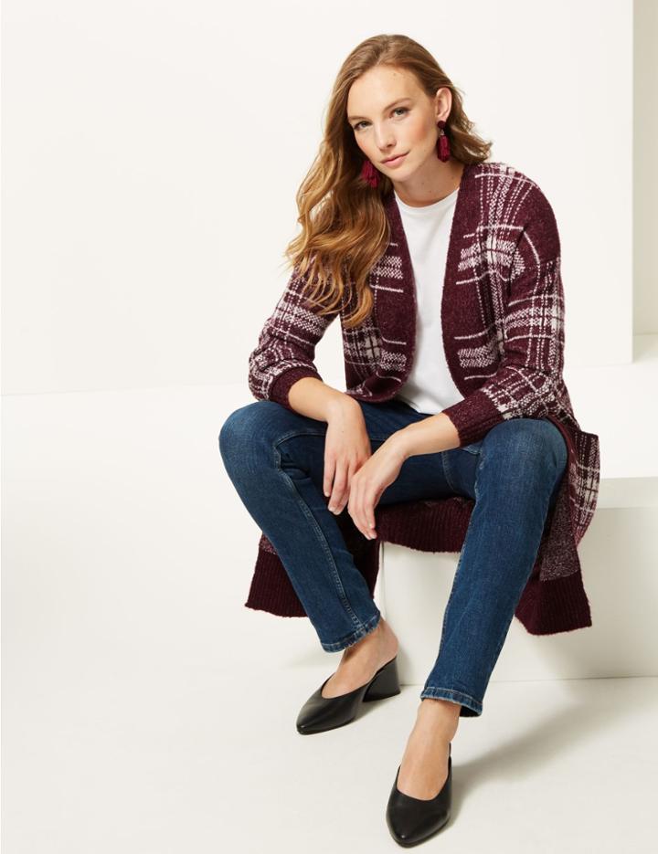 Marks & Spencer Checked Longline Cardigan Plum Mix