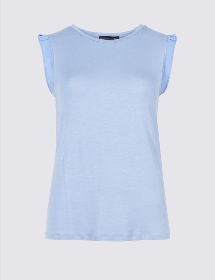 Marks & Spencer Petite Woven Trim Sleeve Round Neck T-shirt Chambray
