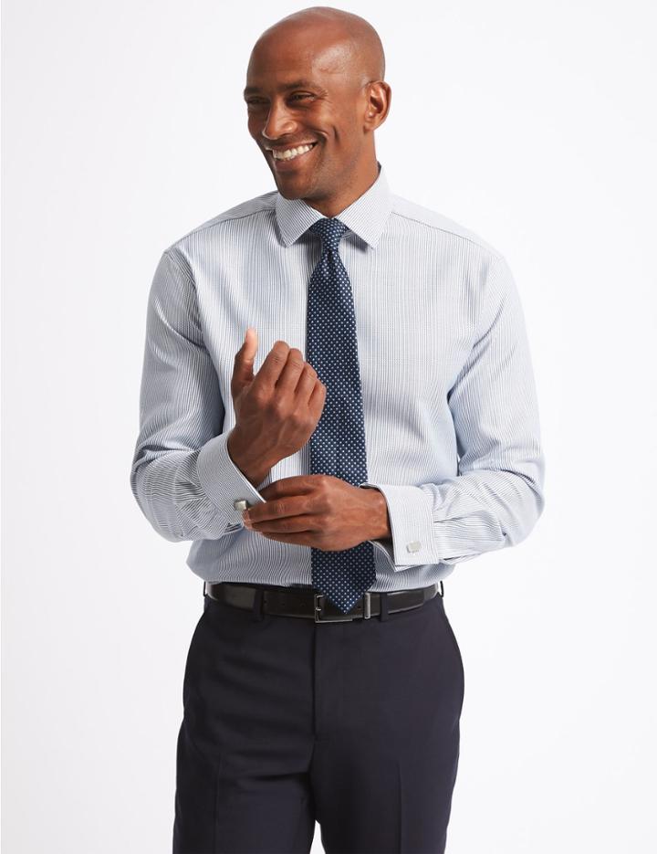 Marks & Spencer Pure Cotton Twill Tailored Fit Shirt Indigo Mix
