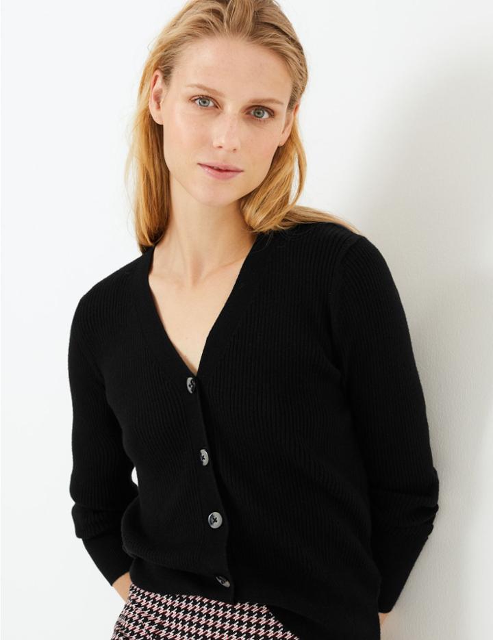 Marks & Spencer V Neck Ribbed Button Cardigan Black