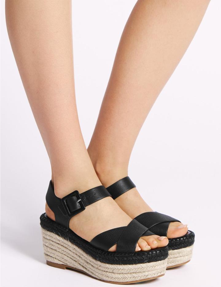 Marks & Spencer Leather Wedge Heel Cross Front Espadrilles Black