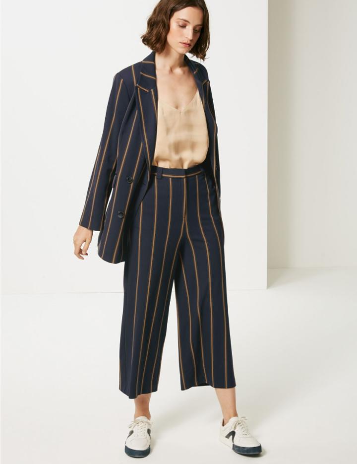 Marks & Spencer Striped Cropped Trousers Navy Mix
