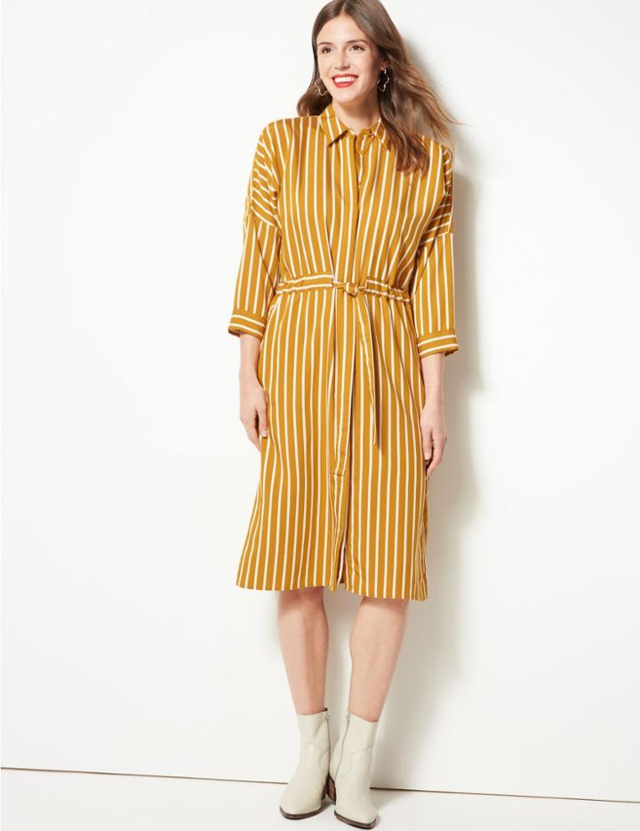 Marks & Spencer Striped 3/4 Sleeve Shirt Dress Yellow Mix