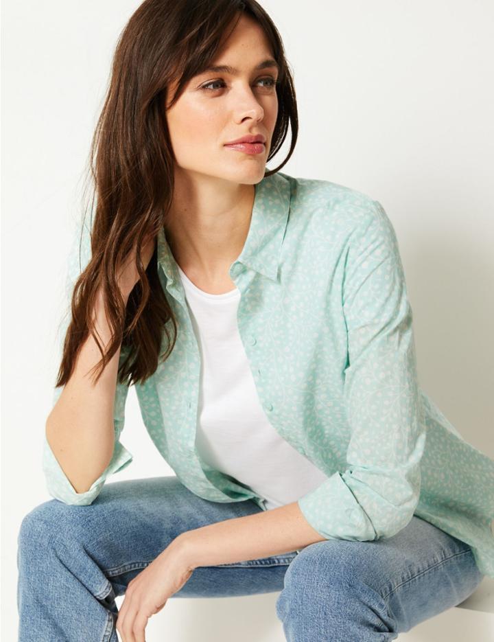Marks & Spencer Pure Cotton Floral Print Long Sleeve Shirt Green Mix