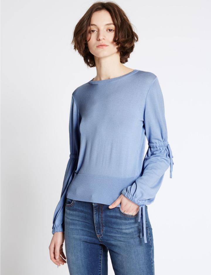 Marks & Spencer Drawstring Detail Round Neck Jumper Light Blue