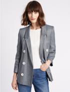 Marks & Spencer Linen Blend Double Breasted Chambray Blazer Blue Mix