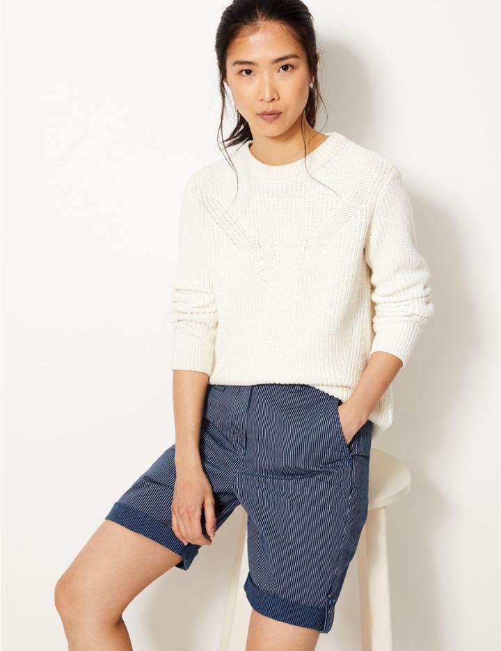 Marks & Spencer Cotton Rich Striped Longer Casual Shorts Blue Mix