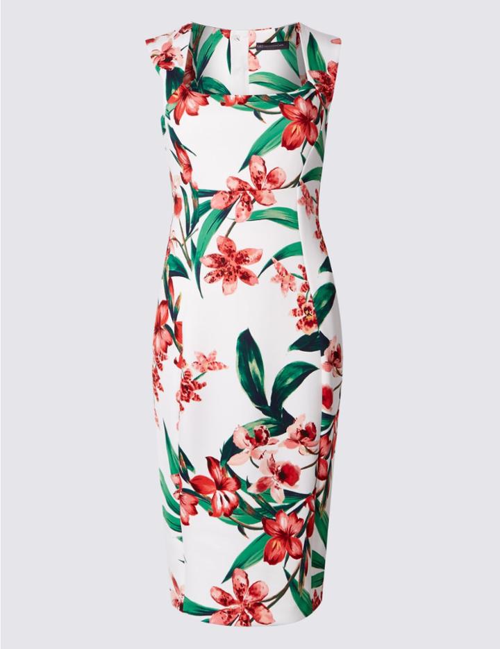 Marks & Spencer Petite Floral Print Bodycon Midi Dress Ivory Mix