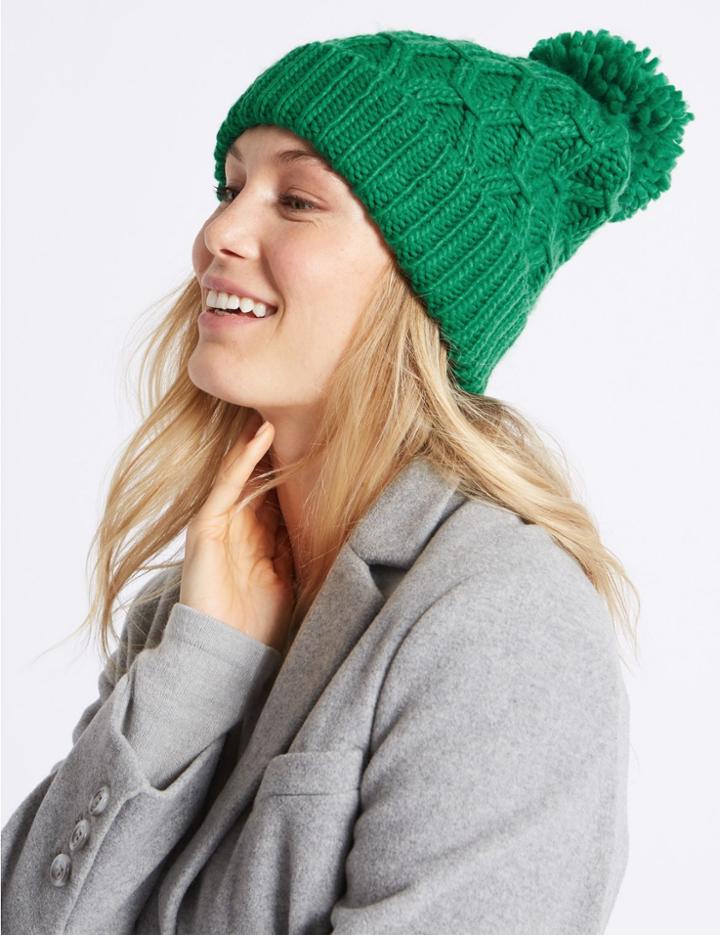 Marks & Spencer Lattice Knit Bobble Hat Bright Green