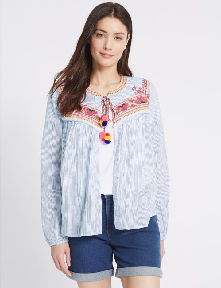 Marks & Spencer Pure Cotton Embroidered Long Sleeve Blouse Navy Mix