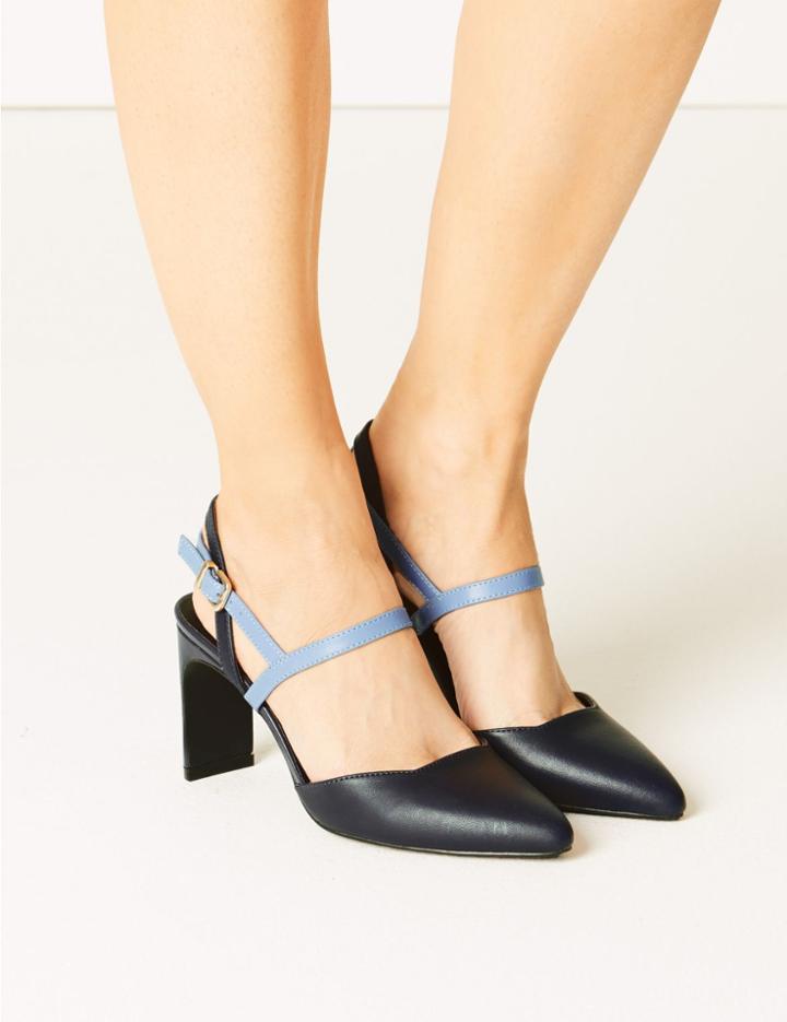 Marks & Spencer Leather Almond Toe Court Shoes Navy Mix