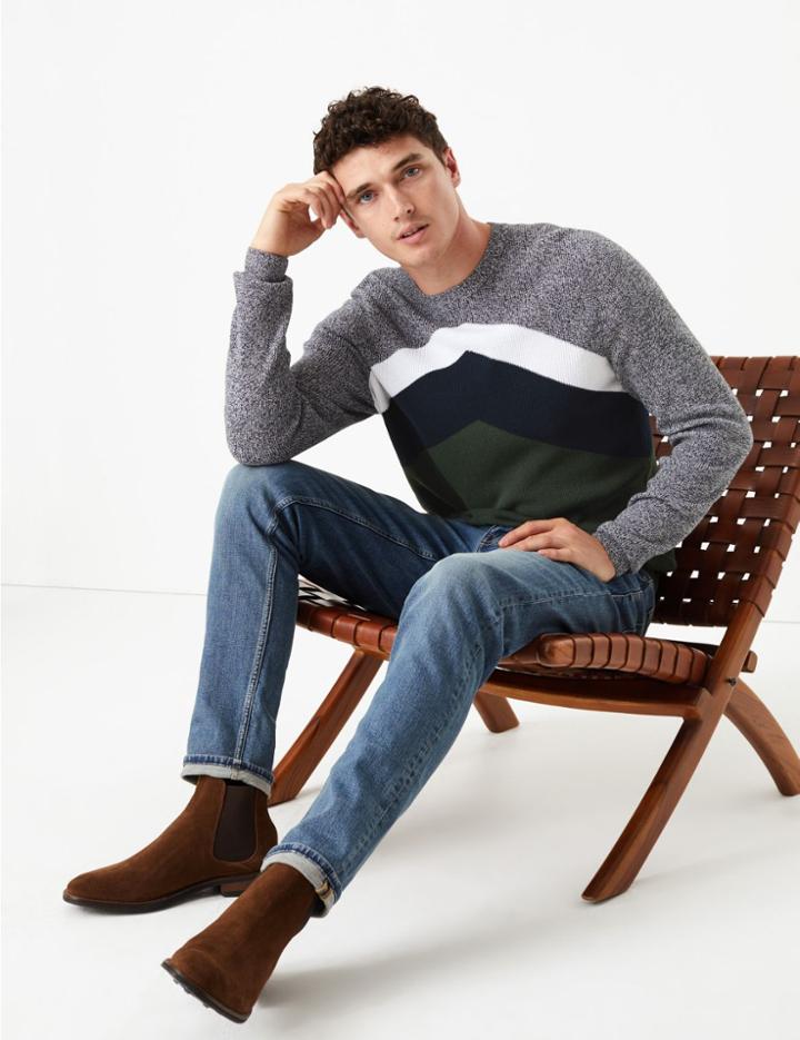Marks & Spencer Cotton Chevron Striped Jumper Khaki Mix