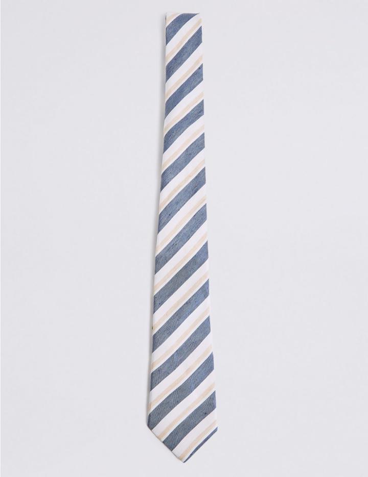 Marks & Spencer Linen Blend Striped Tie Navy Mix