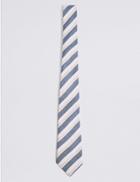 Marks & Spencer Linen Blend Striped Tie Navy Mix