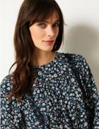 Marks & Spencer Floral Print Long Sleeve Blouse With Linen Navy Mix