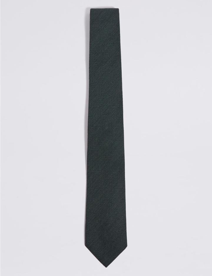 Marks & Spencer Wool Rich Herringbone Tie Green Mix
