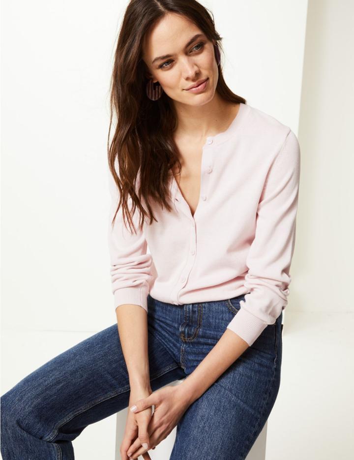 Marks & Spencer Pure Cotton Round Neck Cardigan Light Pink