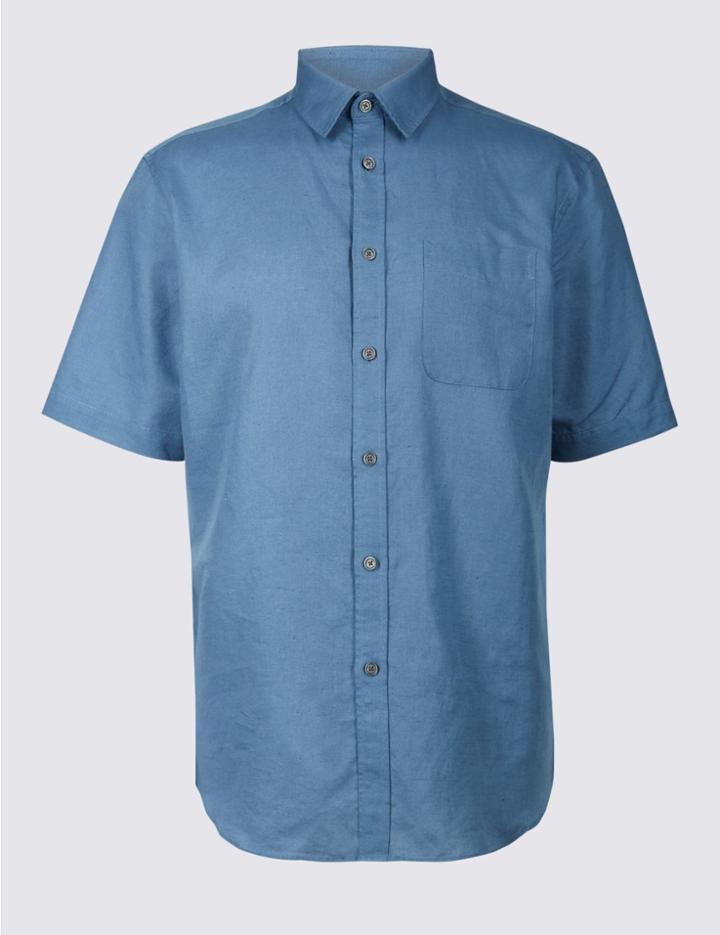 Marks & Spencer Linen Rich Shirt With Pocket Blue Denim