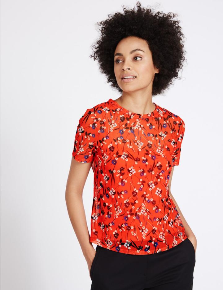 Marks & Spencer Floral Print Sheer Short Sleeve T-shirt Red Mix