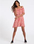 Marks & Spencer Striped Half Sleeve Bardot Dress Red Mix