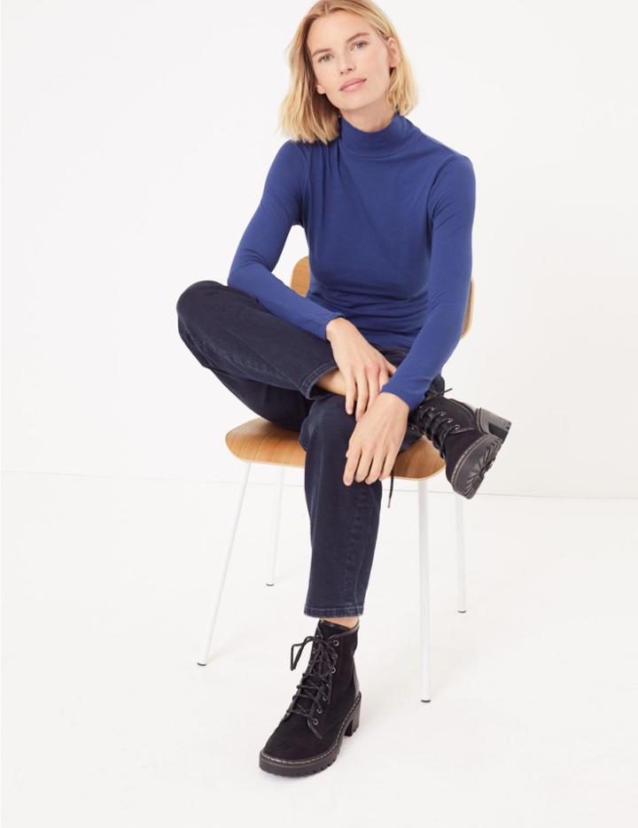 Marks & Spencer Cotton Rich Fitted Top Rich Blue