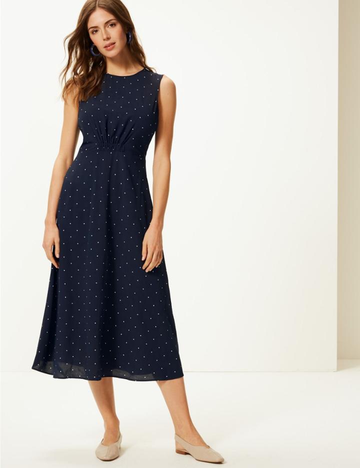 Marks & Spencer Printed Waisted Midi Dress Navy Mix