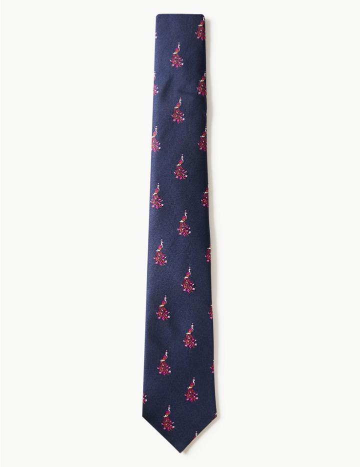 Marks & Spencer Pure Silk Peacock Print Tie Navy Mix