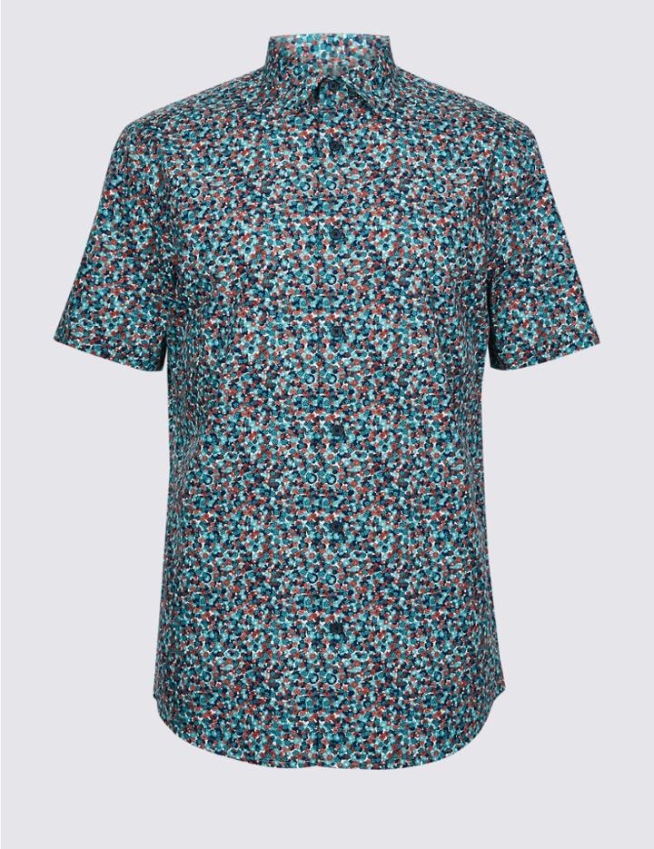 Marks & Spencer Pure Cotton Floral Print Shirt Teal Mix