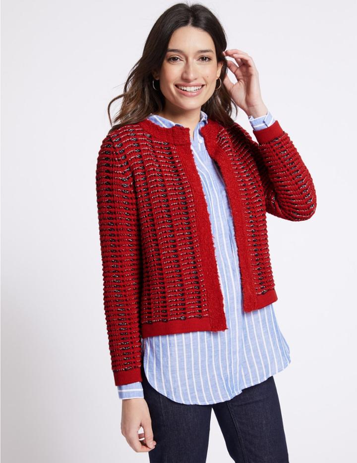 Marks & Spencer Textured Stitch Detail Chunky Cardigan Red Mix
